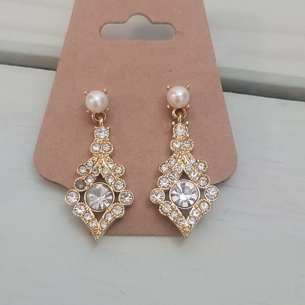 Women's Gold-Tone Faux Pearl and Rhinestone Earrings Antique Vintage Jewelry